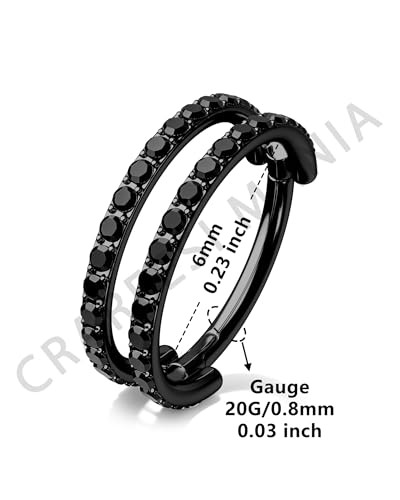 Nose Ring Hoop, 316L Stainless Steel Double Nose Rings, 20G Nose Piercing Jewelry for Women, Clear CZ Helix Cartilage Septum Nose Hoops - color: Black-6mm