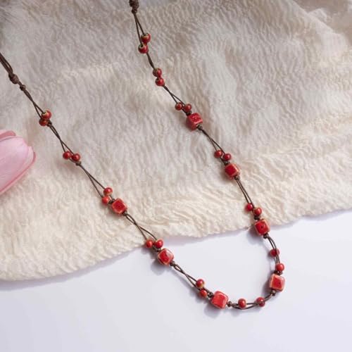 Bohemian Long Beaded Necklace for women, Colorful Hippie Long Layered Necklace, Handmade Boho Jewelry Gift for Mom - color: Red