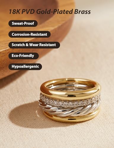 Stackable Rings for Women, Set of 4 Two Tone Gold and Silver Rings, Cubic Zirconia Stacking Ring Set, Fashion Statement Band Rings for Women, Sizes 6 7 8