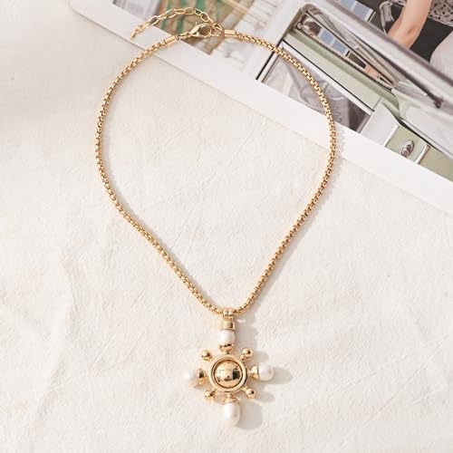 14K Gold Plated Two Sides Carved Stone Heart Shape Necklace for Women Love Pendant Necklace Jewelry for Daily and Gifts - color: Cross&pearl