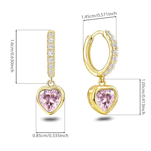 Heart Hoop Earrings with Dangle Sterling Silver Love Heart-Shaped Loop Earrings for Women Hypoallergenic Sparkle Birthstone Cubic Zirconia Hoop Earring with Dangling Charms Dainty Fashion Jewelry Gift - color: Gold-Pink