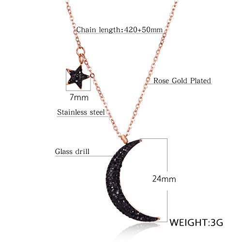 Black Crystal Cubic Zirconia Star Moon Crescent Pendant Necklace for Women | Rose Gold Plated Stainless Steel Crescent Moon Jewelry