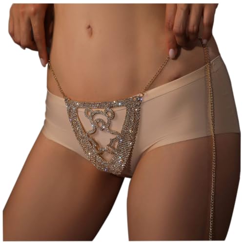 Women Sexy Rhinestone Waist Body Chain Bikini Thong Panties Crystal Body Chain Jewelry (Gold) - color: Bear