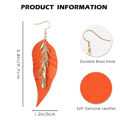 KINIVA Leather Dangle Earrings for Women Trendy, Lightweight Leaf Circle Lightning Earrings Drop, Jewelry Gifts for Women - color: 243 Orange