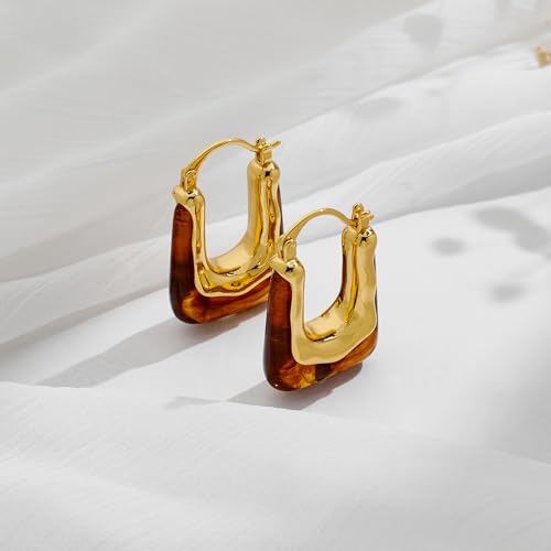 Acrylic Hoop Earrings for Women 14K Gold Plated Chunky Hoop Earrings Vintage Geometric Resin Fashion Jewelry Gifts - style: acrylic hoop