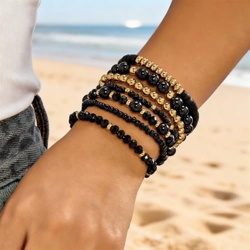 7/12Pcs Set Bohemian Stackable Crystal Seed Beaded Elastic Stretch Bracelet Multilayerd Handmade Brass Bead for Women Jewelry Surfer Heishi Polymer Clay Layering - color: black