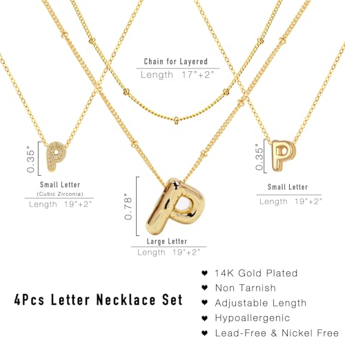 stino 4PCs Bubble Initial Letter Necklace Set, No Tarnish 14K Gold Plated Alphabet Pendant, Jewelry for Women - style: P