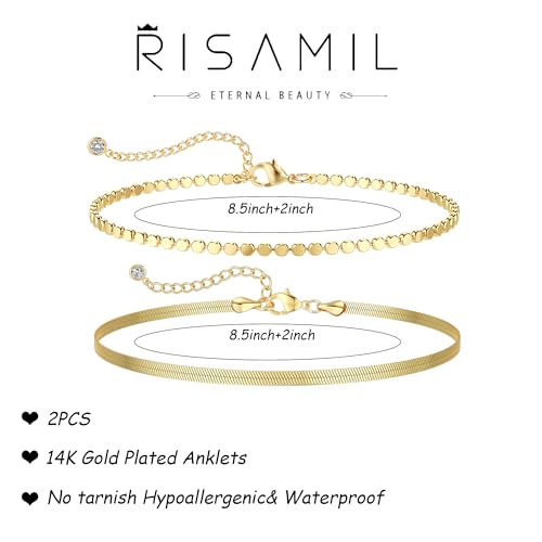 Risamil 14K Gold Plated Ankle Bracelets for Women, Anklets for Women Waterproof Layered Ankle Bracelets for Women Teen Girl Herringbone Anklet Set Summer Foot Jewelry Gifts - color: 2PCS-04