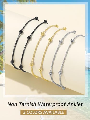 FindChic Ankle Bracelets for Women, Silver/Black/Gold Plated Layered Stainless Steel Anklets, Non-Tarnish Adjustable Waterproof Trendy Foot Jewelry for Beach Summer - style: Layered Ball Chain-Gold