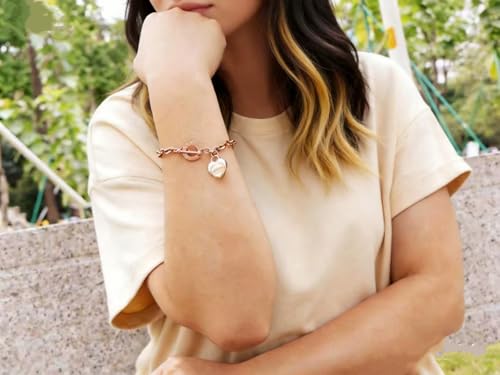 Charm Bracelet for Women 18k Gold/Silver/Rose Gold Plated Love Heart Elegant OT Clasp Stainless Steel Green Bag Packaging Jewelry Gift Birthday - color: Rose Gold, size: 7 inch