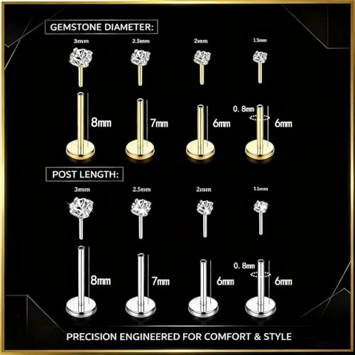 16G 18G 20G Hypoallergenic Threadless Flat Back Nose Studs Women | Medical Steel, CZ 1.5-3mm, Nostril Tragus Helix Piercing, A Secure Fit And Everyday Wear For Sensitive Skin - color: Gold+Silver-B