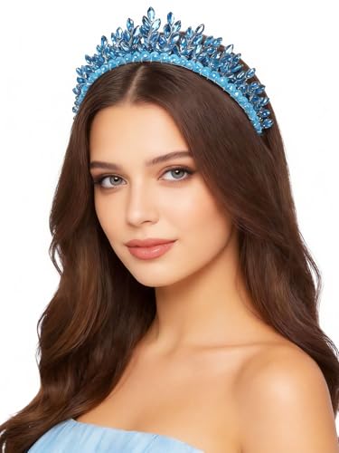 Bridal Rhinestone Headband Wedding Hair Accessories for Women, Pearl Crystal Headband Wedding Costume Headpieces for Brides Princess Quinceanera Christmas Party Prom Birthday(Light Blue) - color: Light Blue