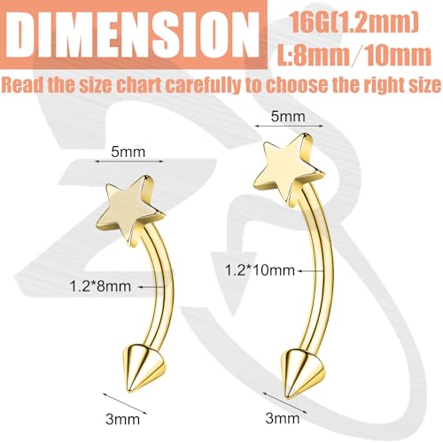 ZS 2 Pairs Stainless Steel Eyebrow Rings, 16G Curved Belly Rings Navel Barbell Helix Daith Tragus Earrings, 8/10mm Spike Vertical Labret Lip Piercing Jewelry - color: Gold,Star-L:8/10mm