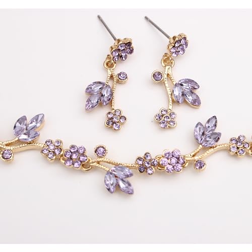 Brides Bridesmaid Flower Leaf Choker Necklace Dangle Earrings Link Bracelet Austrian Crystal Wedding Jewelry Set for Prom Costume Party Accessories for Woman - color: Violet-Gold Plated