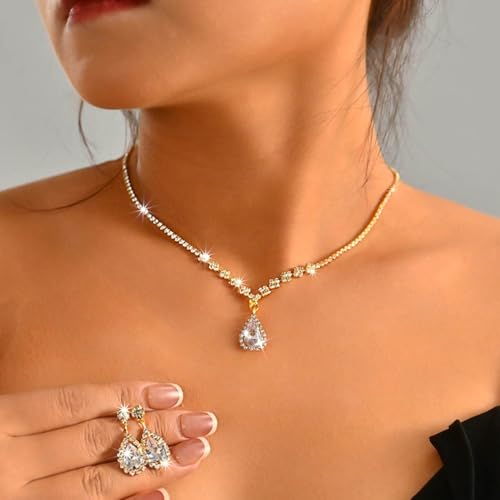 JAKAWIN Silver Rhinestone Jewelry Set Wedding Necklace Earrings for Women - color: B Gold