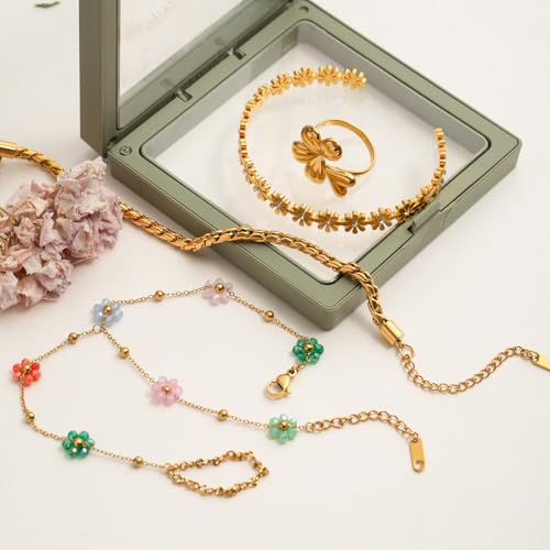 Dainty Flower Beaded Ring Bracelet Hand Chain for Women Stainless Steel 18K Gold Plated Colorful Flowers Daisy Adjustable Satellite Bead Harness Slave Wrist Link Bracelets Boho Jewelry Summer Beach