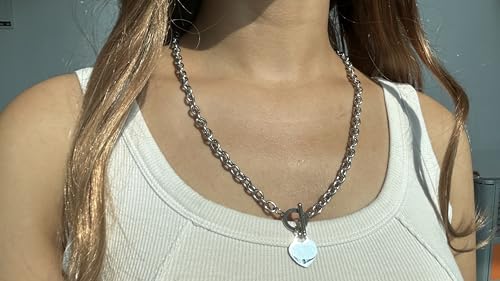 WangGao Elegent Love Stainless Steel Link Chain Blank Heart Charms Necklace for Women Toggle Clasp Closure - color: Silver, size: 23.5inches