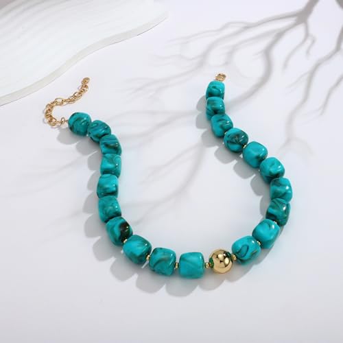 Chunky Beaded Necklace for Women Boho Statement Bead Necklace Adjustable Choker with Polished Disc/Square Beads Trendy Summer Beach Jewelry Gifts - color: Turquoise