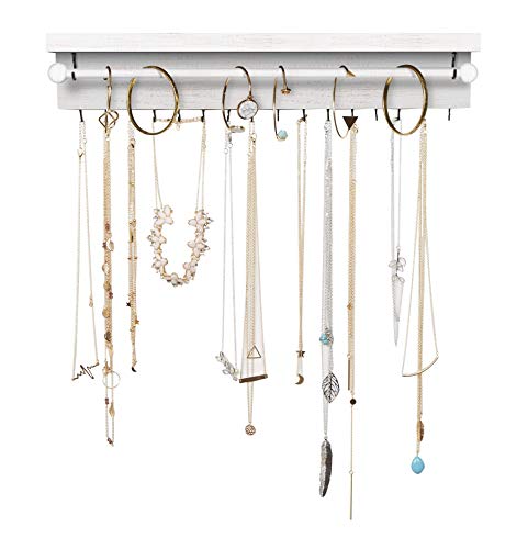 Rustic White Necklace Jewelry Organizer - Wall Mount Jewelry Holder - Mounted Hanging Jewelry Storage Hooks for Necklace, Earrings, and Rings - Farmhouse Wood Decor Bedroom Boho Shelf Rack - style: Rustic - Whitewashed Wood
