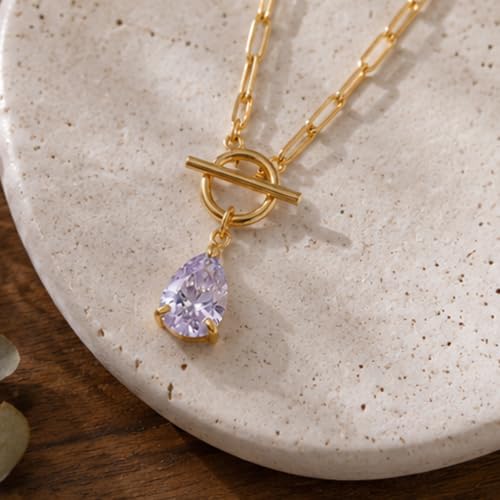 Teardrop CZ Pendant Paperclip Chain Necklace 18K Plated Paperclip Toggle Necklace Jewelry Birthstone Gift for Women - color: Alexandrite-June