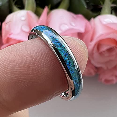 TUTISS 4mm Silver/Black Tungsten Rings for Women Men Engagement Wedding Bands Genuine Blue Green Galaxy Opal Inlay Domed Polished Comfort Fit - color: 4mm Tungsten Blue Opal