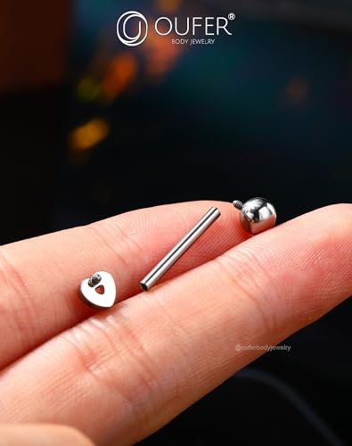 OUFER Titanium Tongue Piercing Jewelry, 14G Internaly Thread Tongue Rings for Women, Clear CZ Heart Shaped Body Piercing Jewelry-16mm
