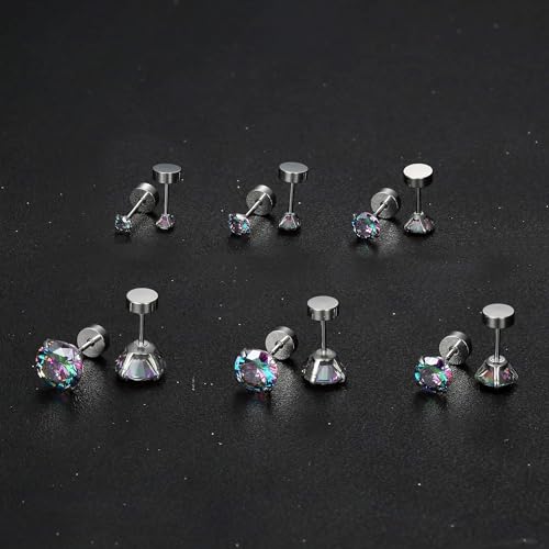 6 Pairs Surgical Steel Flat Back Earrings | CZ Stud Set | Hypoallergenic 316L Surgical Steel • Flat Back Threaded Studs for Cartilage, Helix & Lobe • 6 Mixed Sizes (3-8mm) - color: Flatback-Rainbow