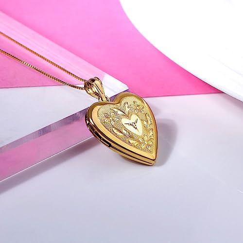 PicturesOnGold.com 14K Gold Filled Floral Heart Photo Locket with Diamond - 3/4 inch x 3/4 inch - Includes 18 inch Chain - style: Locket + 1 Photo + Engraving