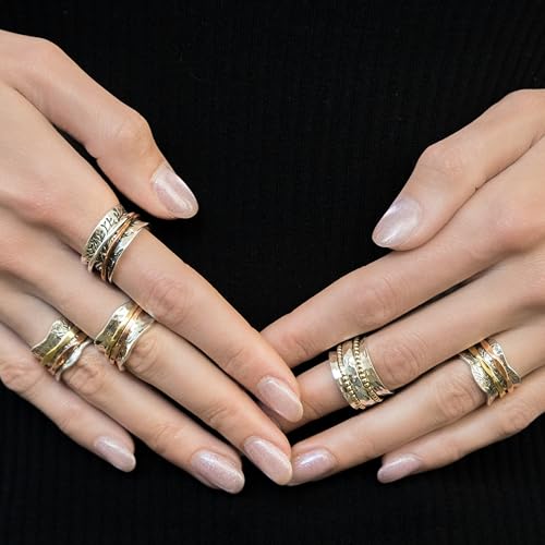 ENERGY STONE 925 Sterling Silver Fidget Ring | Women Spinner Ring | Breeze | Clean Simple Silver Ring | Fidget Anxiety Comfort Meditation Ring | Brass & Copper Spinners on Hammered Base | Size 5-12