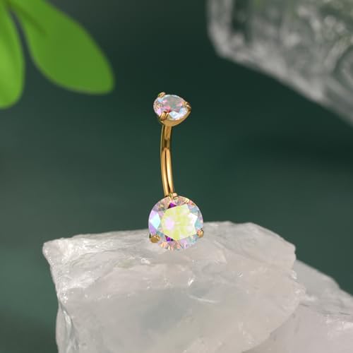 FUNLMO 14G Belly Button Ring Titanium Belly Button Piercing Belly Ring Internally Threaded Navel Piercing Jewelry - color: Gold-Aurora Borealis CZ