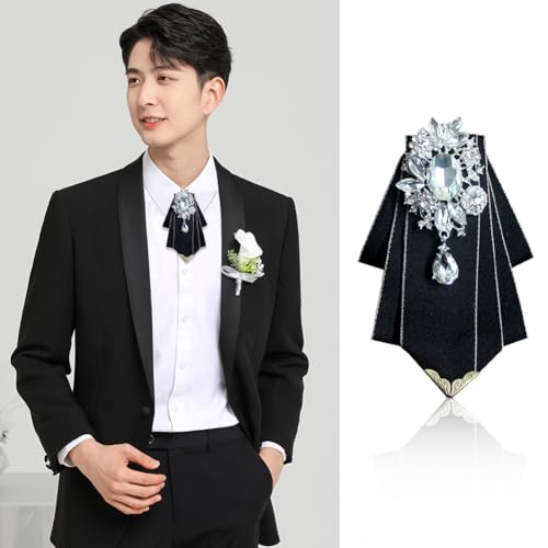 Crystal Bow tie Brooches Collar Pin Jewelry ribbon Fabric Bowknot Pre Tied Neck Tie For men Women wedding bridegroom - color: Black