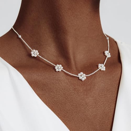 OGD Gold Pearl Necklace Set for Women 14K Plated Layered Daisy Choker Gift - color: Daisy Pearl-Silver