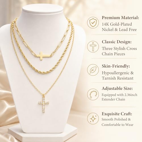 3pcs Gold Cross Necklace for Women, Layered Necklace | 14K Gold Plated Cross Necklaces, Cubic Zirconia Layered Necklace for Women Adjustable Stackable Necklaces Jewelry Set Gift