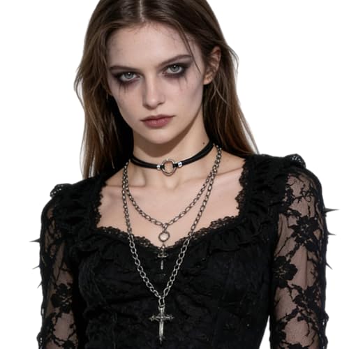 Black Choker for Women, Adjustable Layered Velvet Leather Lace Collar necklace, Goth necklace Gifts - color: Circle