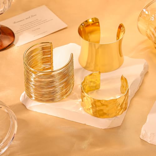 3PCS Gold Chunky Cuff Bracelets for Women Irregular Minimalist Statement Bangle Bracelets Set Open Wide Bangle Arm Cuff Upper Arm Punk Jewelry - color: 3PCS Chunky Gold Cuff Bracelets