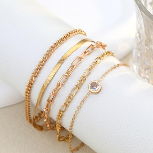 Bracelets for Women, Dainty Stackable Bracelet Stack Sets Tiny Box Chain Adjustable Bracelets Minimalist Cute Jewelry Paperclip Link Layered Waterproof Jewelry Sets Gifts - style: 5-PIECE IMITATION-ZIRCON