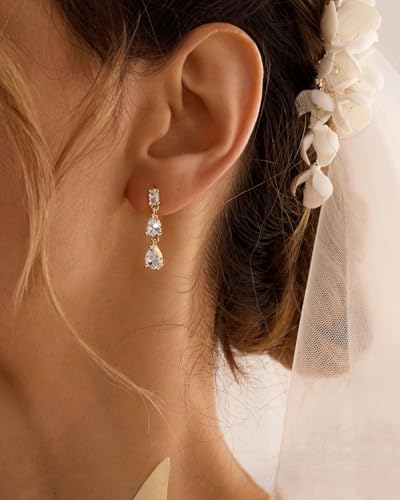 14K Gold Plated/Sterling Silver CZ Pearl Drop Dangle Earrings for Women - color: Gold-3 CZ
