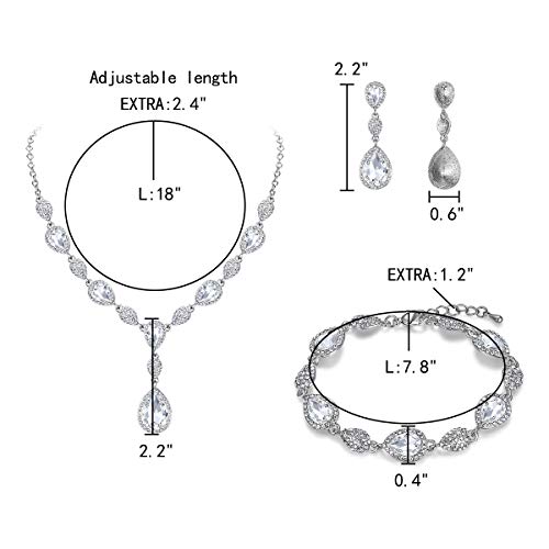 EleQueen Women's Wedding Bridal Jewelry Sets for Brides Bridesmaids, Cubic Zirconia Teardrop Necklace Tennis Bracelet Dangle Earrings Jewellery Set - color: 07-Clear Silver-Tone