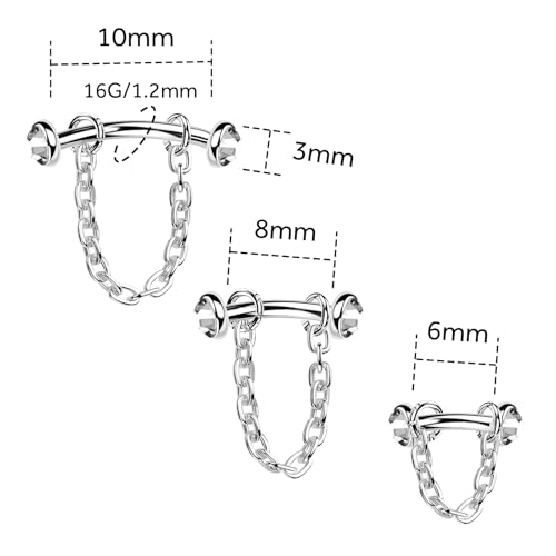 3 Pcs 316L Stainless Steel 16G Tragus Helix Rook Piercing Jewelry with Chain, Cartilage Earrings for Women, Belly Button Ring Vertical Labret Lip Piercing Jewelry - color: Silver, size: Full Setting