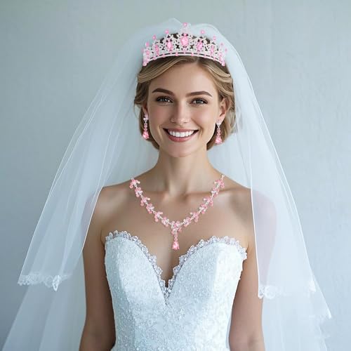 Crystal Crown and Tiara Jewelry Set for Women Bride with Necklace Earrings | Metal Rhinestone Royal Queen Princess Jewelry Set Wedding Quinceanera Pageant Prom Birthday Halloween Party Costume Gift - color: Silver Pink