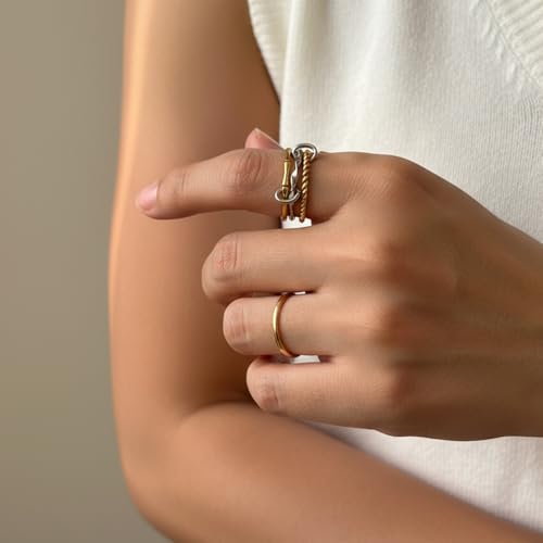 Stackable Rings for Women Non Tarnish Gold Silver Mixed Metal Wedding Band Set Gold Plated Stainless Steel with Cubic Zirconia Dainty Statement Thumb Ring Gift for Christmas Birthday Anniversary Jewelry - style: Gold Triple Band Ring