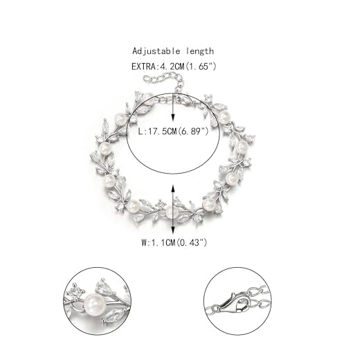 EVER FAITH Gorgeous Cubic Zirconia Pearl Wedding Link Bracelet for Bride | Marquise Teardrop Crystal Bridal Prom Jewelry, for Women Bridesmaids - style: Vine_Silver-Tone