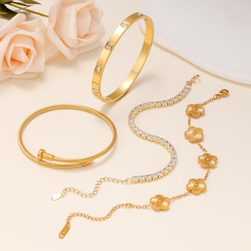 Gold Bracelets for Women, 18K Gold Plated Women Tennis Bracelets Clover Nail Love Bangle Bracelet Set, Gold Bracelet Stackable Set Trendy Jewelry, Gifts for Women's Day and Mother's Day - color: 06-Color-gold