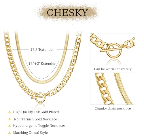 CHESKY 14K Gold Plated Chunky Necklace for Women, Trendy Toggle Clasp | Statement Pendant Necklace, Layered Paperclip Chain, Toggle Clasp Design, Thick Gold Chain, Non Tarnish Everyday Jewelry - color: gold, style: cuban+herringbone