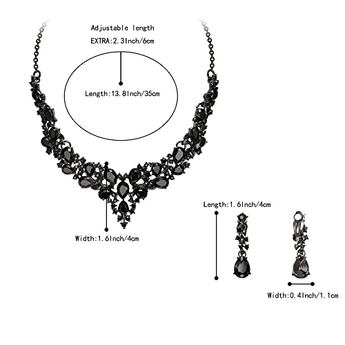 Wedding Statement Necklace Clip-on Earrings Jewelry Set | Sparkling Austrian Crystal Teardrop Cluster for Party Prom Accessories - color: 02-Black Black-Tone