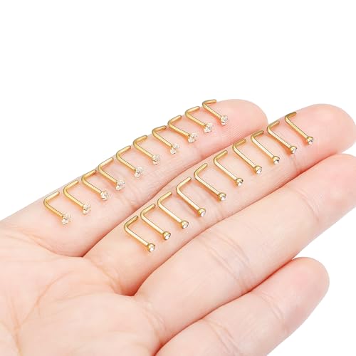 Hoeudjo Nose Studs Surgical Steel Cubic Zirconia Nose Rings Kit for Women Men Tiny Nose Stud Screw & Bone & L Shaped Nostril Piercing Jewelry 24-18 Gauge 20 Pieces Set - color: gold-tone,L-shaped nose studs, size: 18g/2.0mm clear CZ