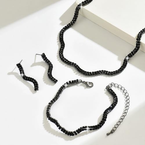 Gold Rhinestone Jewelry Set for Women Crystal Choker Necklaces Drop Earrings Adjustable Bracelet Elegant Prom Bridal Jewelry - color: Black