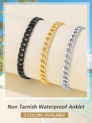 FindChic Stainless Steel Ankle Bracelets for Women, Waterproof Figaro/Cuban/Box/Beaded Chain Anklets, Summer Beach Foot Jewelry, 8.5''-10.5'' Adjustable Length, with Gift Box - style: Cuban Chain-Black