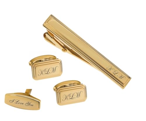 Personalized Gold Beveled Edge Cufflinks & Tie Clip Set Monogram Custom Engraved Free - Men’s Formal Gift - Ships From USA