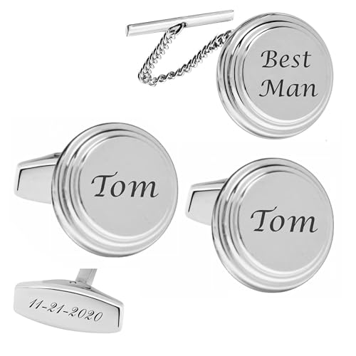 Personalized Stainless Steel Silver Cufflinks & Tie Pin Set Custom Engraved Free - Gift For Him - Men's Tie Tack, Free Engraving - Ships from USA